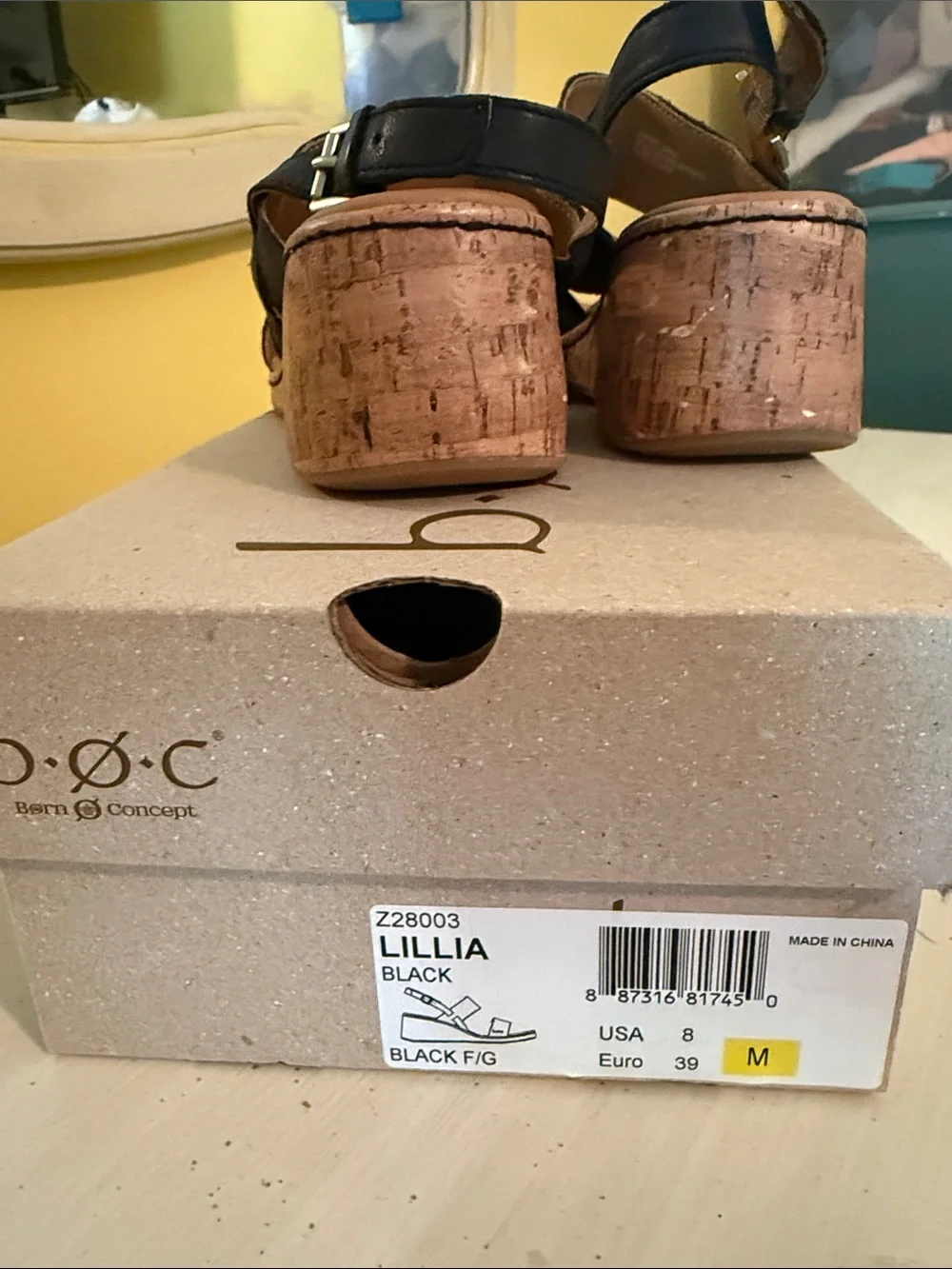 b.o.c. Black Leather Cork Wedge Sandals
